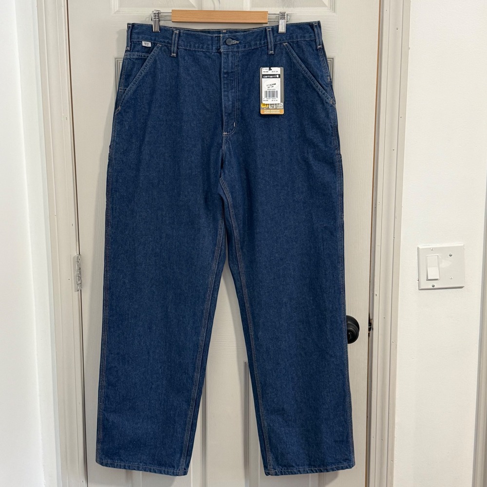 Carhartt Dungaree Jeans Mens‎ 38x34 Blue NWT Flame Resistant Denim Work Pants